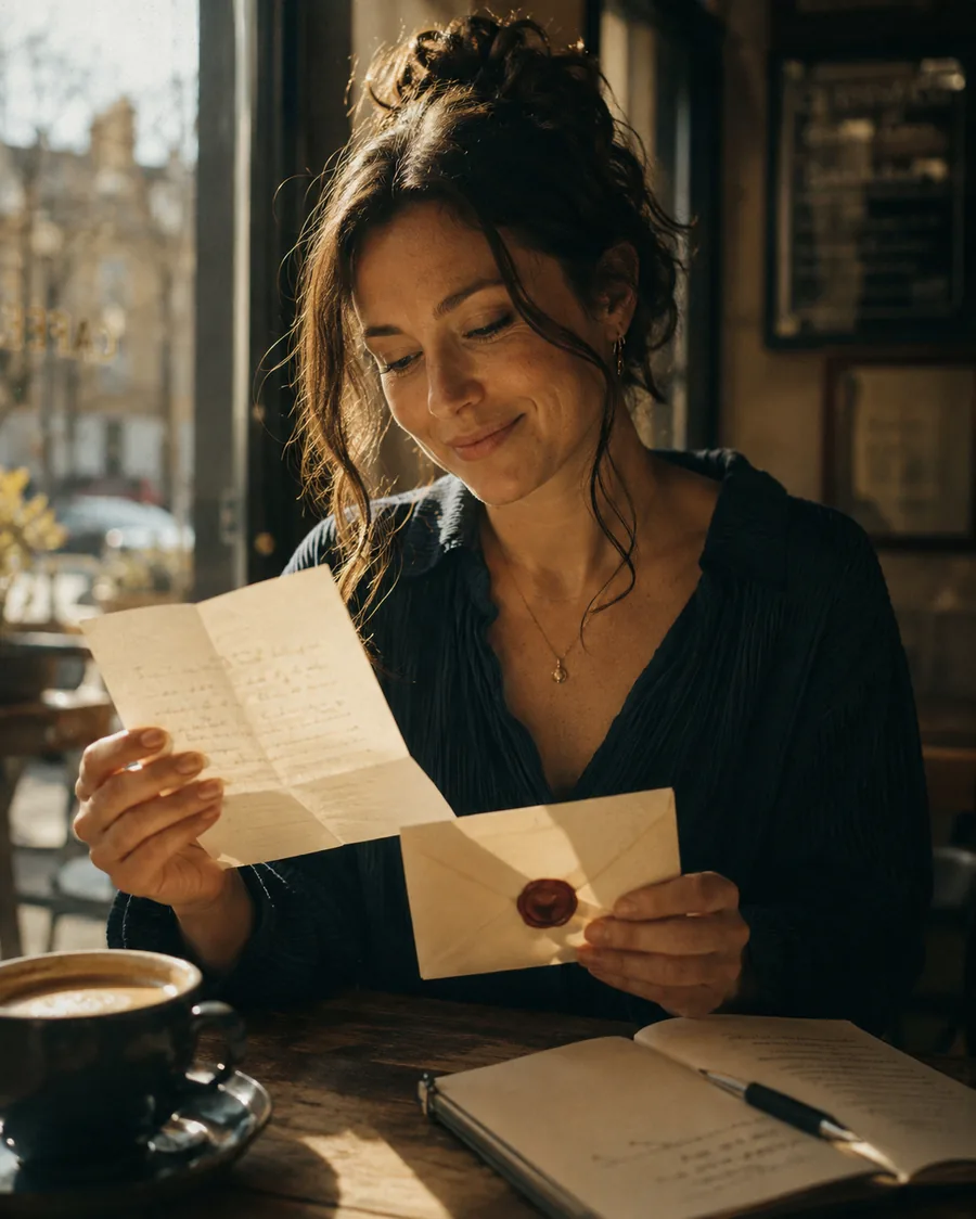 A woman reading her sealed match report at a sunlit cafe
