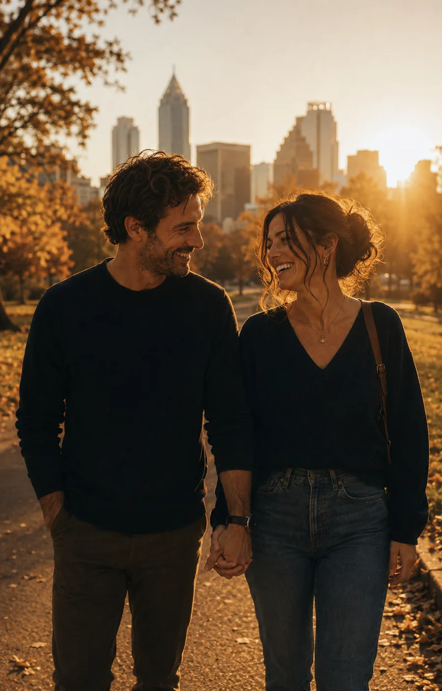 A couple walking through Piedmont Park at golden hour